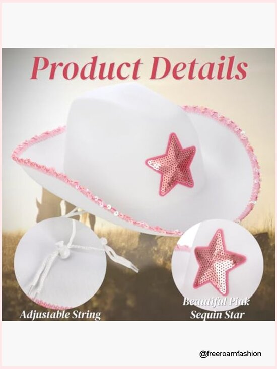 Cowgirl Hat with Heart Sunglasses, Pink Sequin Star, Adjustable String for main image 4